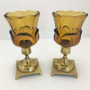 2 Vintage Amber Glass Votive Candle Holders